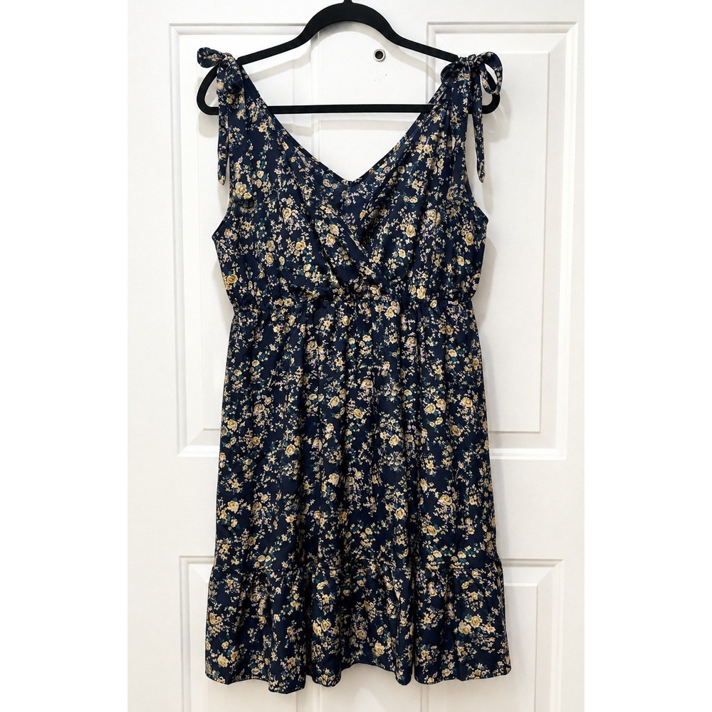 Navy Floral Tie Shoulder V-Neck Ruffle Hem Mini Dress Large